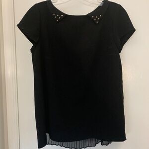 Zara Womens Crew Neck Solid Black Short Sleeve Pleated and Studded Top Med